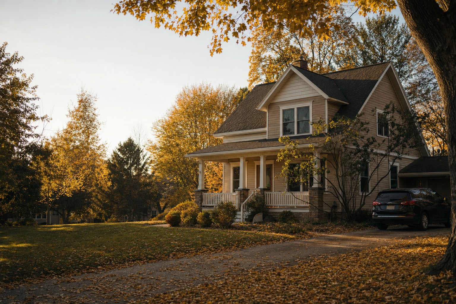 A Wausau home with a family vehicle in autumn