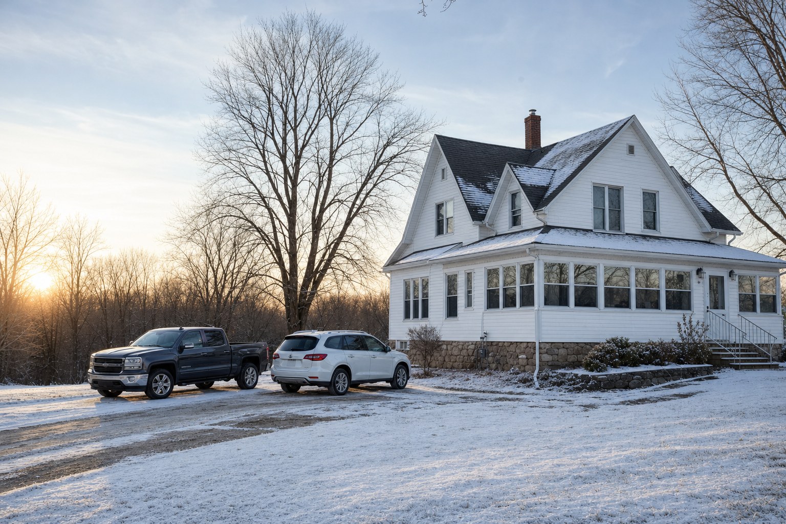 A Wisconsin farmhouse in early winter with a pickup and family SUV in the driveway