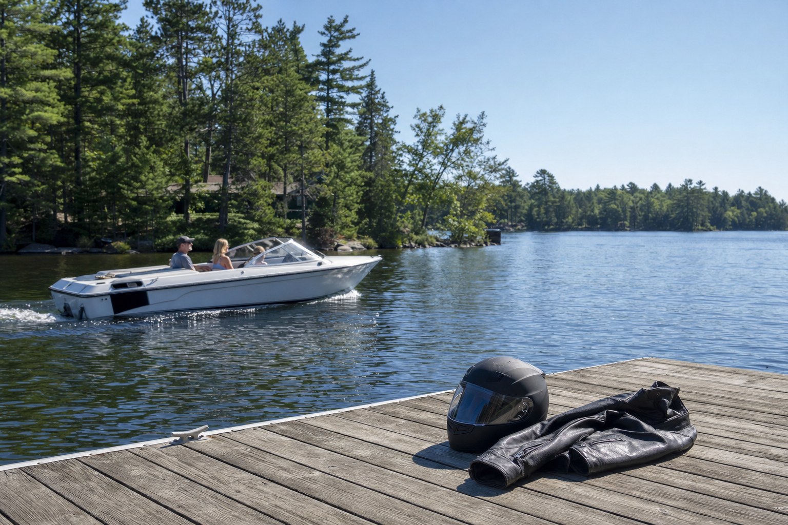 A small boat on a wooded Wisconsin lake