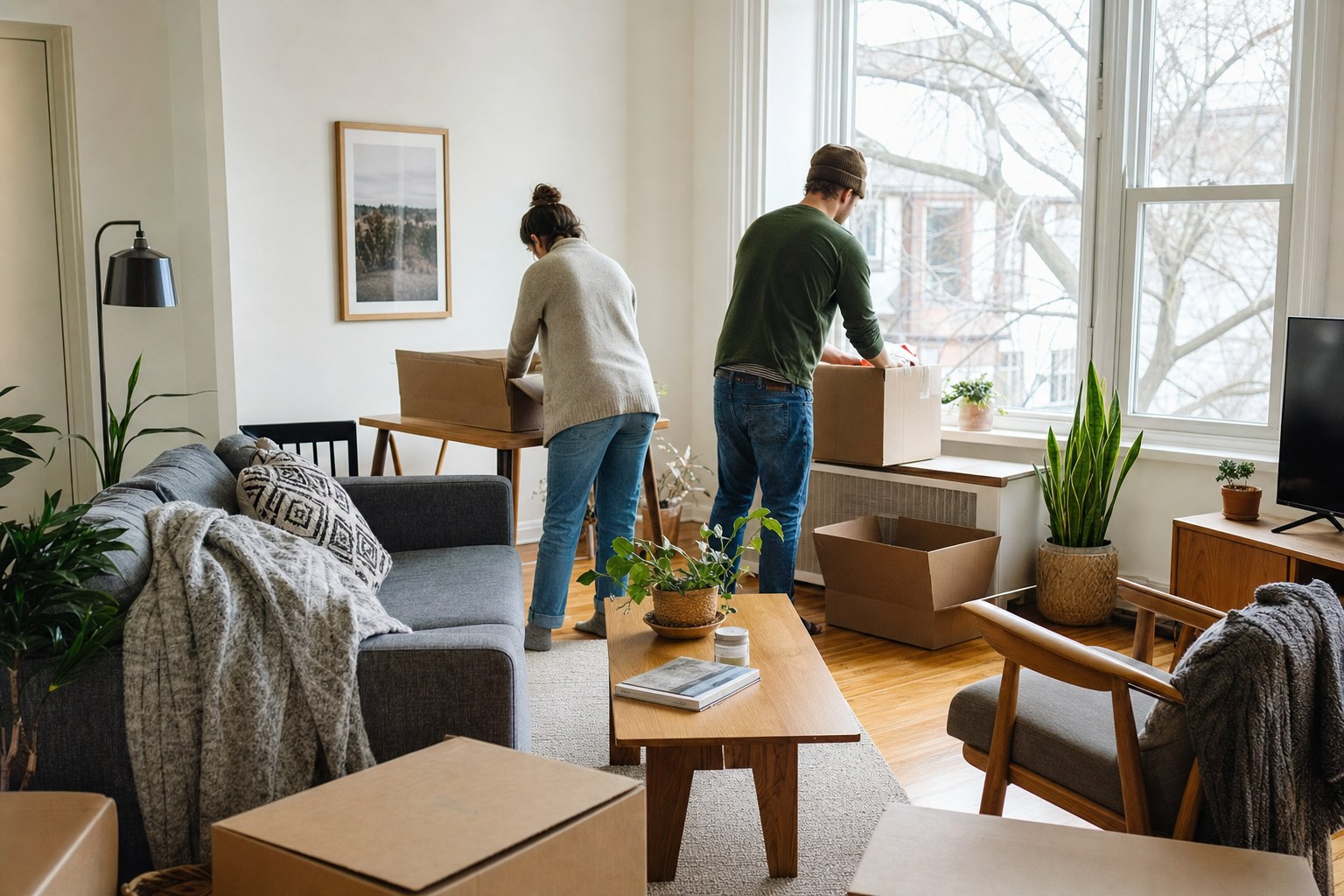 A couple settling into a bright apartment