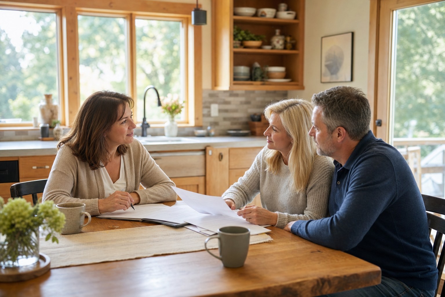 An insurance advisor reviewing coverage papers with a couple at their kitchen table