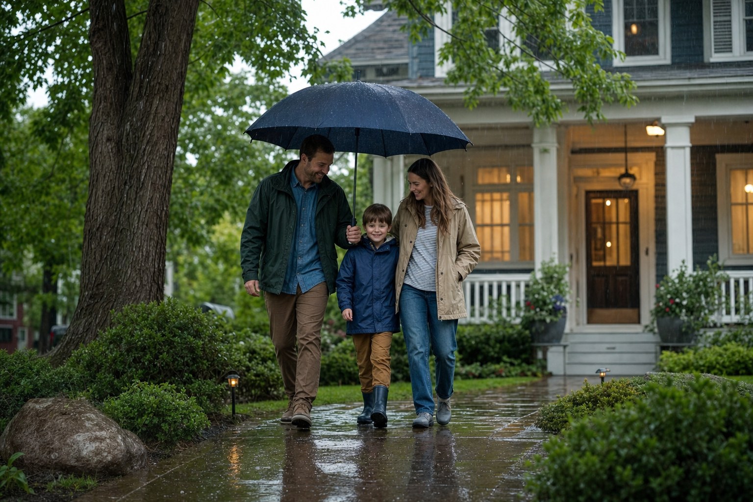 A family walking under an umbrella outside their home